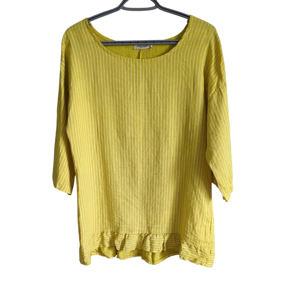 Lungo L'arno 100% Linen Yellow Striped Ruffle Hem 3/4 Sleeve Lagenlook Blouse- L